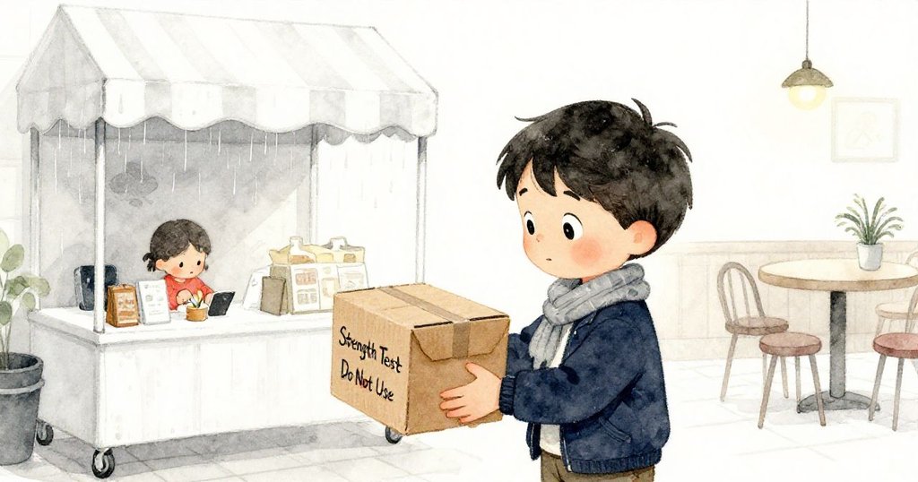 Tom在室內咖啡廳中仔細查找放在櫃台下標有警告的紙盒，背景擺放著雨衣，營造出神秘又好奇的氛圍。