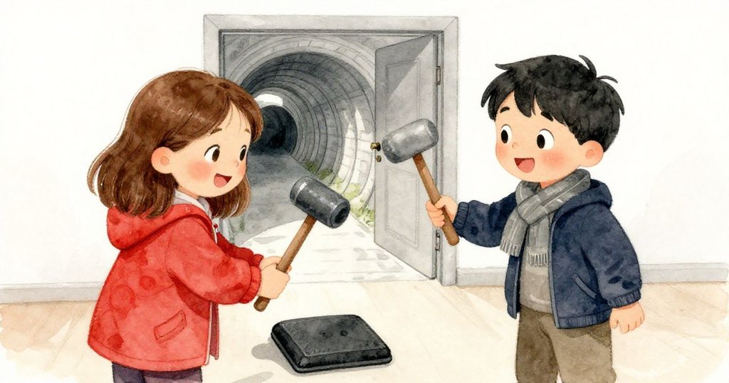 Tom揮動著塑料小錘擊打力量板，隱藏門驚然打開，Lena歡欣鼓舞，顯示出秘密通道通向水族館的瞬間。