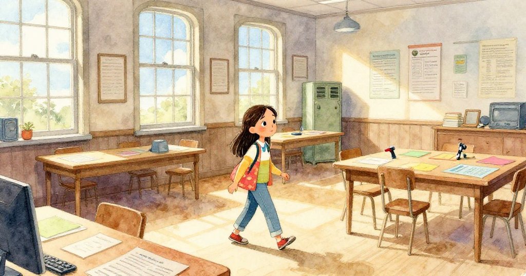 Mara穿過充滿晨光的社區中心大廳,桌上散落彩紙與宣傳單,她神情堅定,光影交錯中展現故事開始。