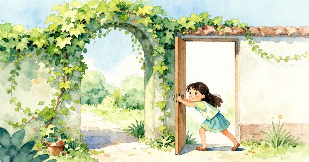 Mara推開側門進入庭院,常春藤環繞的拱門與初夏光影映襯,她滿懷期待迎向未知訪客。