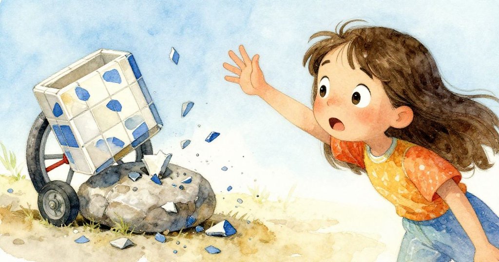 Mara推著滿載瓷磚的手推車靠近拱門,前輪撞上石板,藍瓷碎片四散,她神色緊張迅速反應。