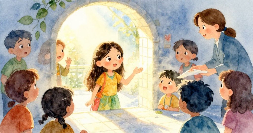 中午口哨響起瞬間,陽光直射在Mara手中發光的瓷磚上,志工與老師驚訝凝望,她充滿喜悅與驚奇。