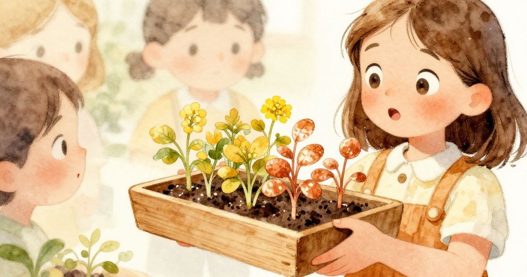 瑪拉專注地握著滿載幼苗的木托盤,臉上流露出責任感與期待,背景隱約呈現改造中的屋頂花園。