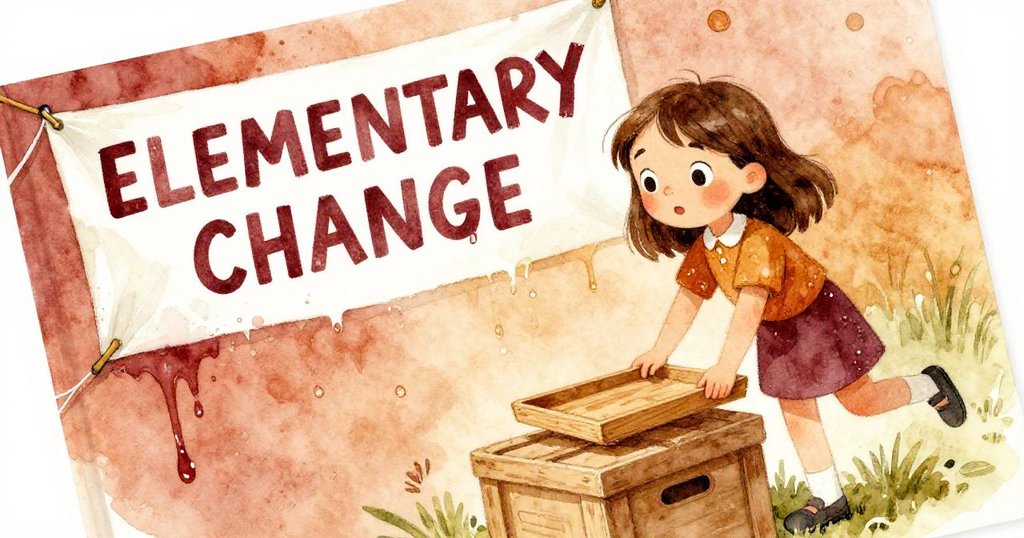 瑪拉斜視角中將托盤輕放於木箱上,旁邊濕潤橫幅上書『ELEMENTARY CHANGE』,呈現出努力與改變的新希望。