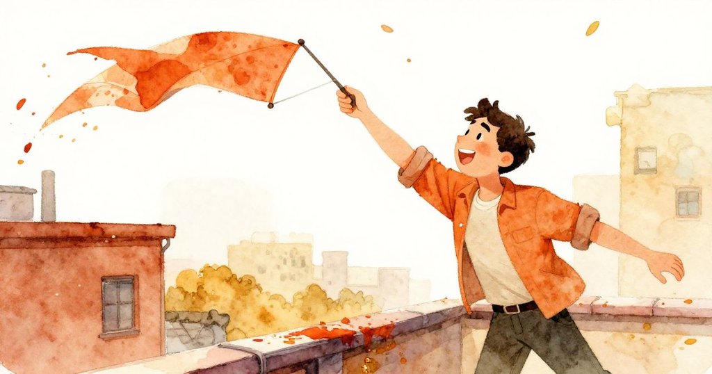 喬納斯歡快奔跑搶救被風捲起的橫幅,花瓣四散飛舞,瑪拉在背景中注視著這充滿驚喜的瞬間。