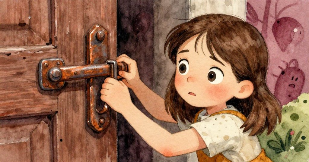 瑪拉專注用力按壓生銹門扣,臉上流露出緊張與堅定,細膩呈現挑戰中的努力與決心。