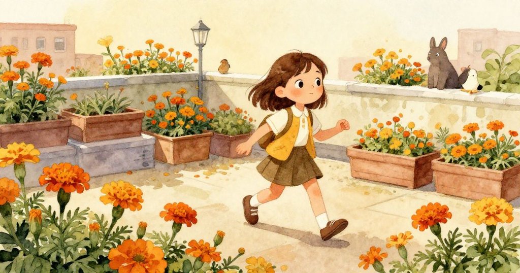 瑪拉邁步進入充滿生機的屋頂花園,遊客們互動,花朵盛開,一隻蜜蜂停留在金盞花上,展現新起點與希望。