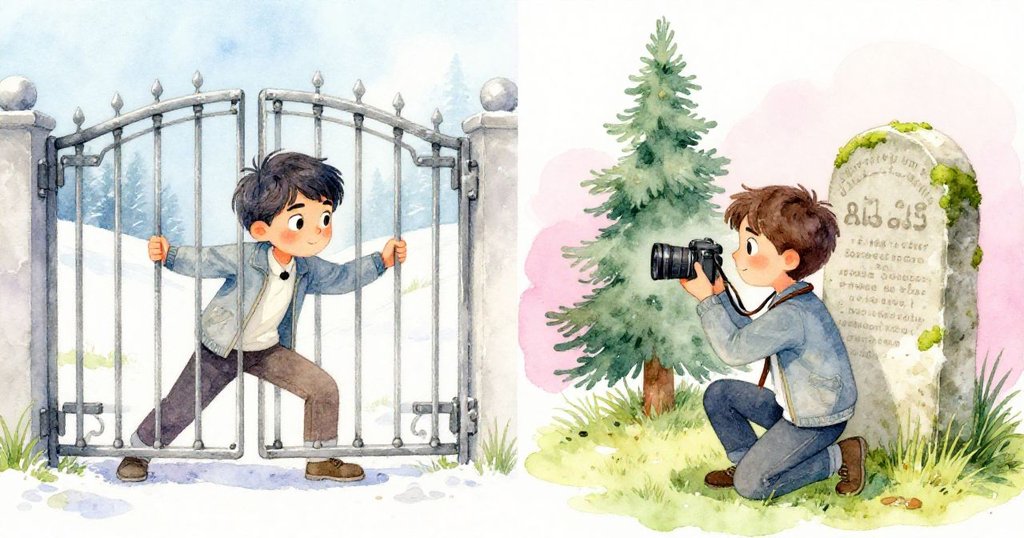 Rowan左側努力推動生鏽鐵門，右側蹲下細看長滿青苔的石碑，畫面展現探索歷史與勇氣瞬間。