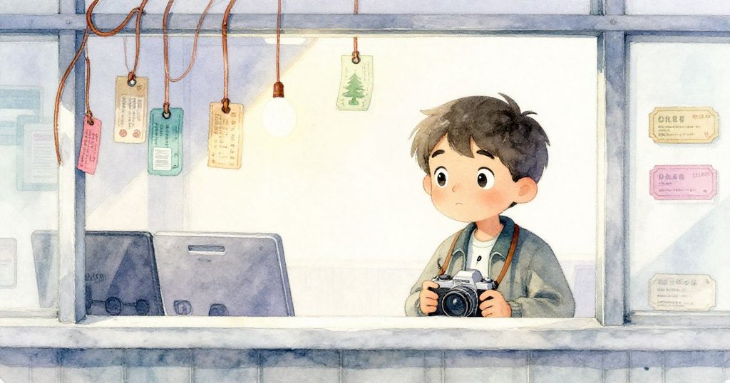 Rowan進入破舊票房，探查懸掛銅線和褪色車票，表情驚奇流露探索未知神秘空間。