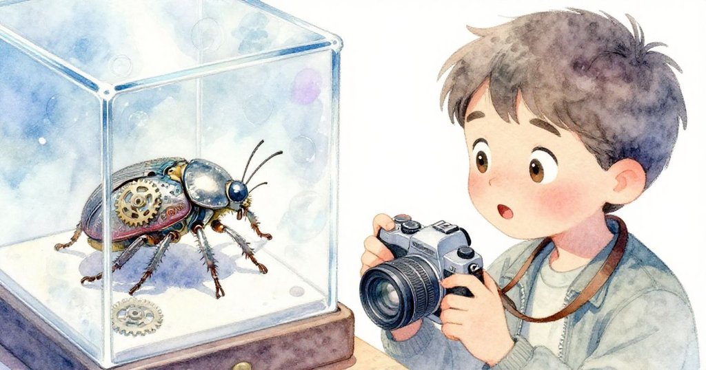 Rowan專注拍攝精緻機械甲蟲，其細微銅色齒輪在玻璃櫃上轉動，表情驚奇彷彿暗示更多奧秘。