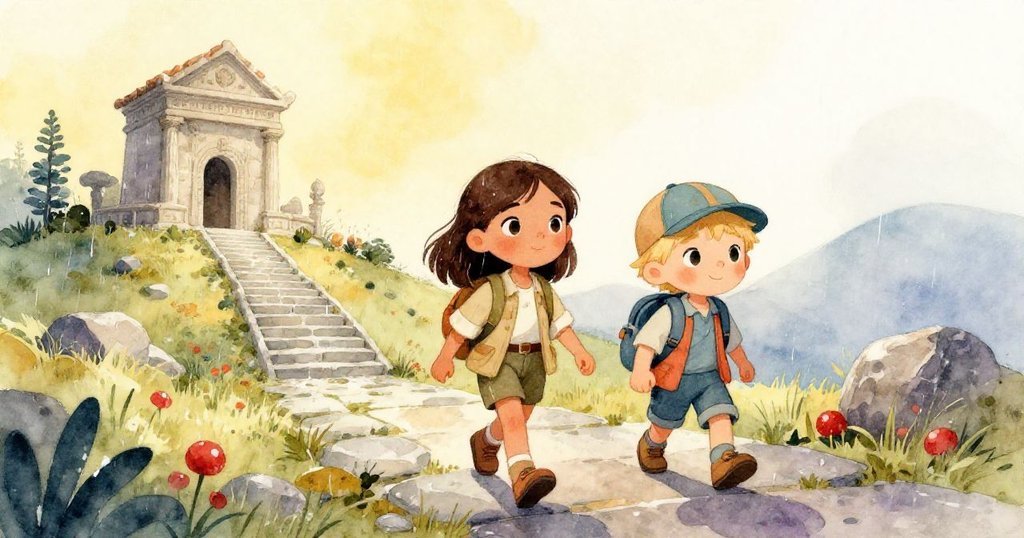 Mara與Jonas在雨後斜陽中走向荒廢神殿入口，濕滑石階與青苔映出冒險初啟情節，充滿期待與動感。