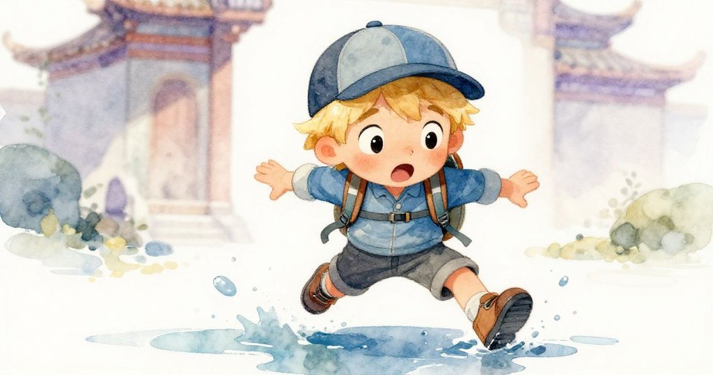 Jonas近距離表情特寫，驚訝與俏皮並存，側頭避開水灘，動感表現冒險初發生的趣味。