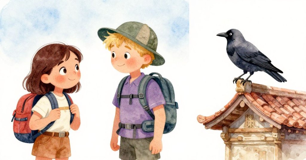 Mara輕輕觸碰Jonas背包打趣，旁邊麻鴉降落在破舊屋頂，情節逗趣又透出神秘暗示。