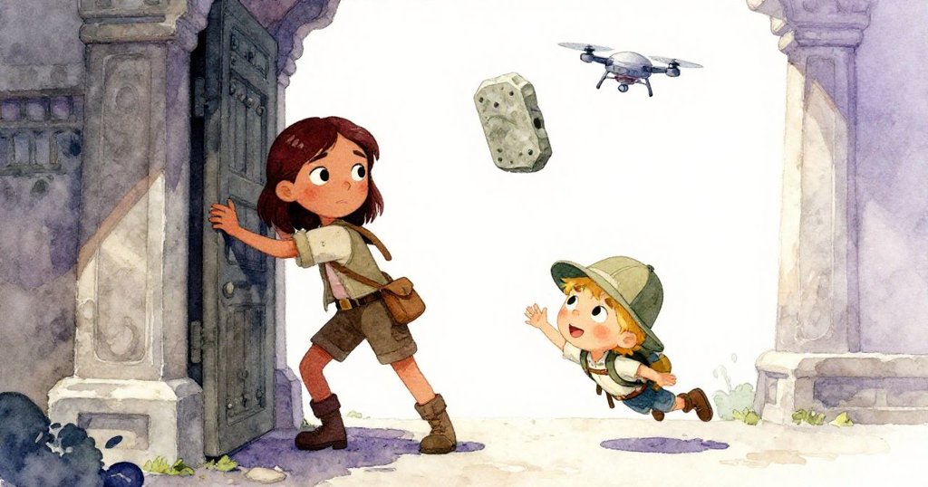 Mara奮力抵擋合攏的黑曜門，Jonas跌倒觸發石牌上神秘文字，場景充滿懸疑危機與動感互動。