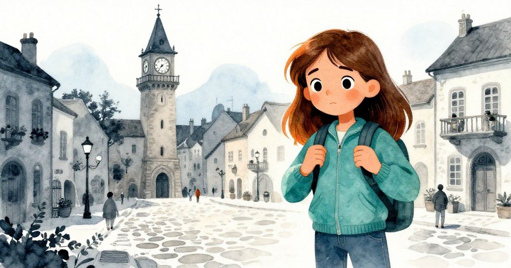 米拉在古色小鎮廣場調整背包，背景中時鐘敲響四聲，橙光輕拂石板路，展現堅定與期待情緒