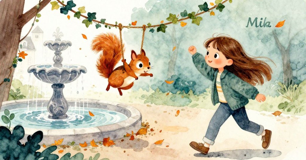 米拉經過噴泉時見頑皮松鼠懸掛常春藤上飛躍，乾葉紛飛映襯其活力，畫面充滿動感與驚喜
