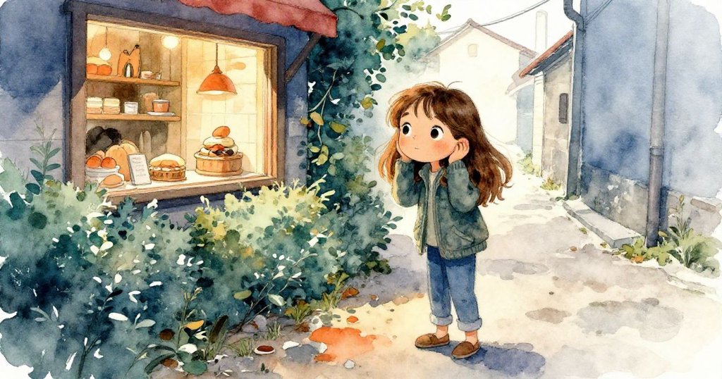 米拉轉入狹窄巷道，左側隱約見小烘焙坊，綠籬輕拂肘側，空氣中散佈著濕潤泥土氣息