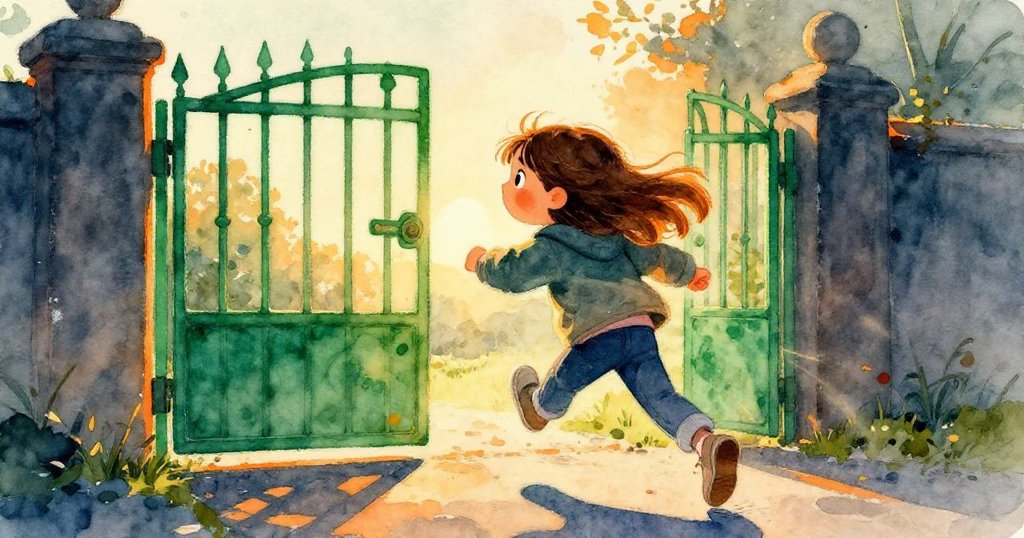 米拉急奔向亮綠鐵門，懷中緊抱包裹，夕陽染紅天際，動作充滿決心與緊迫感