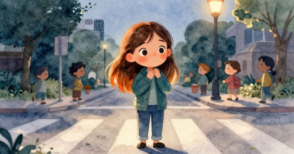 米拉發現捷徑回環後深深嘆息，眼神中盡顯沉思，柔和暮光中轉向歸途，滿懷溫暖與希望