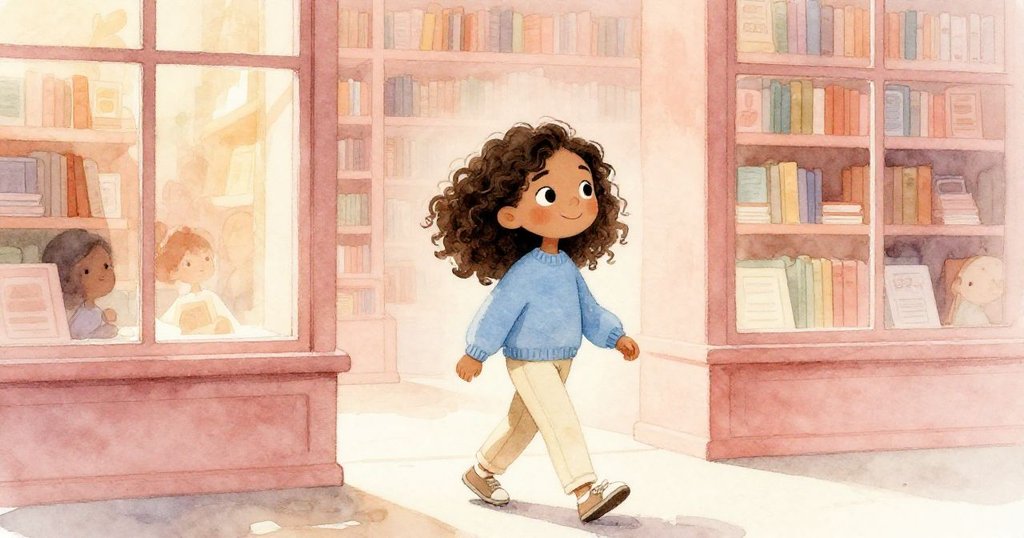 瑪雅在柔和夕光中走進圖書館,手持設計圖,眼露堅定與期待,圖書館內有高窗和溫暖光影。