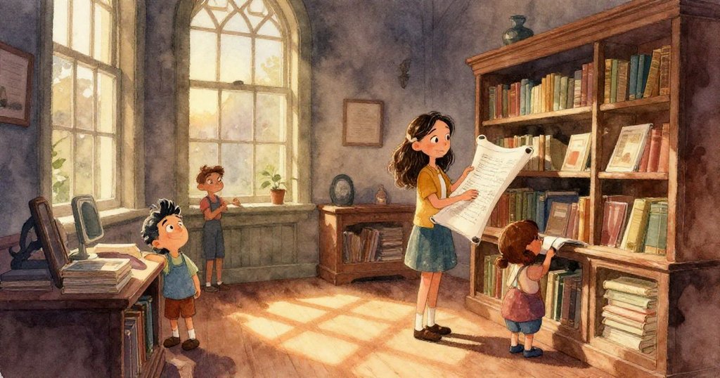 瑪雅正在仔細調整捲起的設計圖,她的手部特寫清晰呈現細膩動作,背景中展示著彩色海報與草圖。