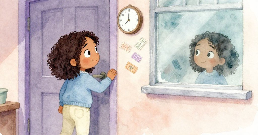 瑪雅走向鎖著的工作室門,手邊的時鐘提醒她即將關門,窗中映出堅定而略帶憂慮的表情,周圍散落著入場券。