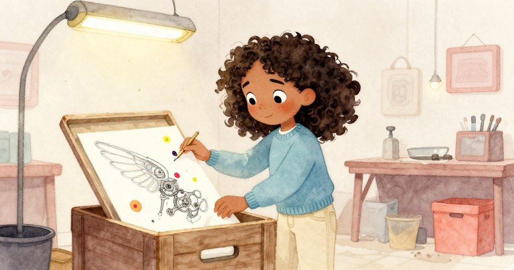 瑪雅在燈光微弱的工作室內,正打開標有『Key Principles』的紙盒,發現了附有彩色貼紙的機械翅膀設計圖,臉上流露出好奇與專注。