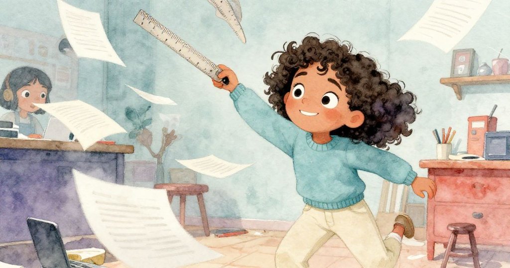 瑪雅在工作室內驚慌躲避垂落的尺子,機械翅膀突然展開引起紙張飛舞,她的臉上流露出震驚與堅定。