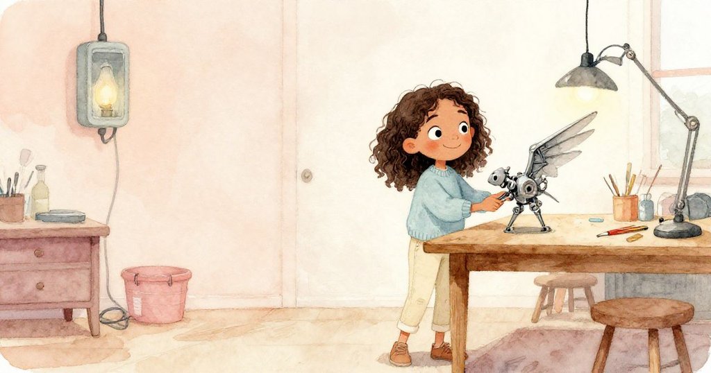 瑪雅站在復甦燈光下的工作室中,微笑看著安靜的機械翅膀擱在木桌上,空氣中瀰漫著平靜與希望。