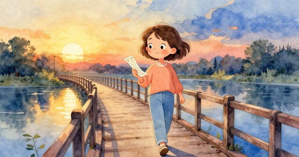 Nina在夕陽下走過舊木橋，河面反射著暖金與藍光，她手持收據凝視遠方展現期待心情。