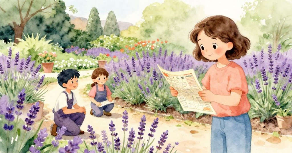 Nina站在鮮花盛開的薰衣草園旁，園丁低語照料植物，她仔細比對收據與現實，流露愉悅與驚喜神情。