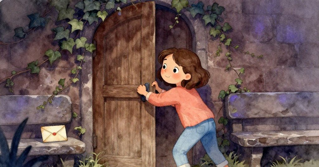 Nina在低光古樸庭院中拉動生鏽木門，發現古老信封躺在石凳旁，她表情專注且略帶緊張期待。