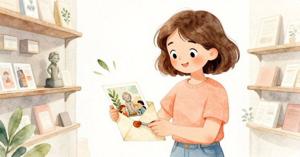 Nina在博物館明亮櫃檯前用小刀打開古老信封，顯露出含笑雕像和孩童快樂照片，神情專注解密後顯露寧靜。