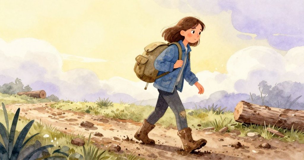 諾拉在晨霧中離開街燈，踏著泥濘小徑前行，臉上流露著期待與探索之情，開始新的旅程。