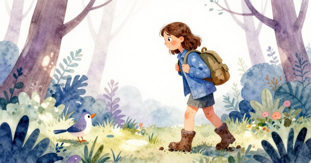 透過小鳥視角看見諾拉靜步林間，鳥兒在樹叢中好奇注視，展現晨光中的和諧自然相互關懷。