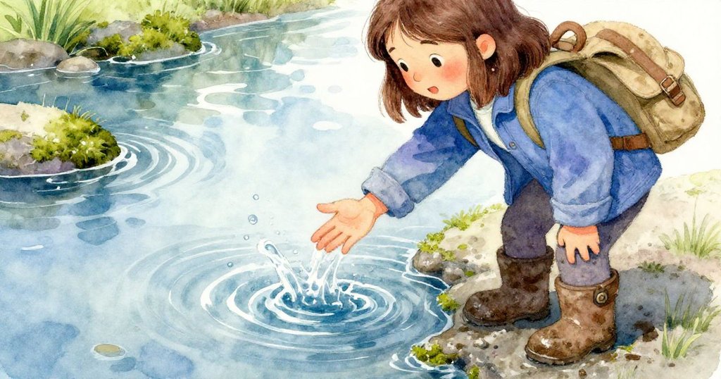 諾拉急撲進入溪水中，手觸濕潤苔蘚奮力抓住落下水壺，水花四濺中透露出果斷與活力。