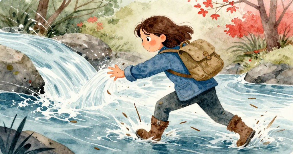 諾拉在溪流中奮力抵抗湍流牽拉袖子，落葉與針狀樹葉隨水奔流，神情堅毅充滿急迫感。