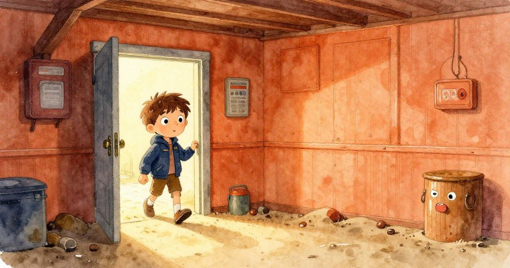 Lucas走進被大風強行推開的老海邊無線電台地下室，濕沙鋪滿地面，他神情好奇且平靜，環境散發著微鹹氣息。