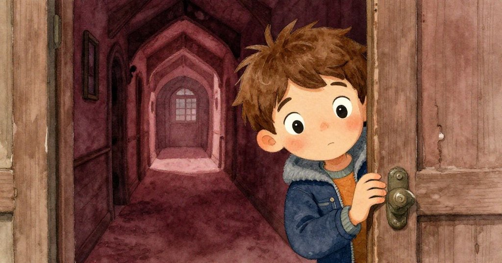 Lucas從半掩的舊門縫隙中探視內部古舊走廊，眼中流露出緊張與期待，周圍擺放著年代久遠的櫃子與遺物。