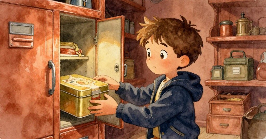 Lucas在暗淡的檔案室內小心打開一個凹陷櫃子，露出裹著蠟紙的神秘錫盒，神情滿懷發現與懷舊。