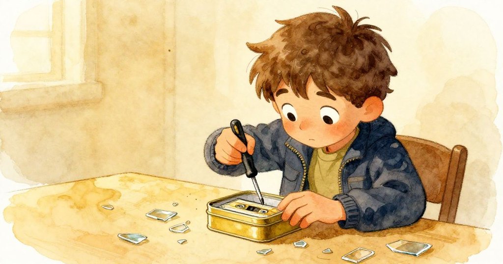 Lucas專注地用螺絲起子撬開錫盒，在桌上散落的玻璃碎片中，露出帶有祖父筆跡的錄音帶，充滿懷舊與冒險氣息。