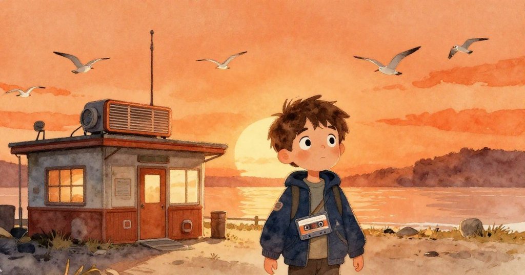 Lucas走出老舊電台，口袋中珍藏的錄音帶隱約散發光芒，夕陽映照下海鷗翱翔，表情滿足透露出希望與延續。