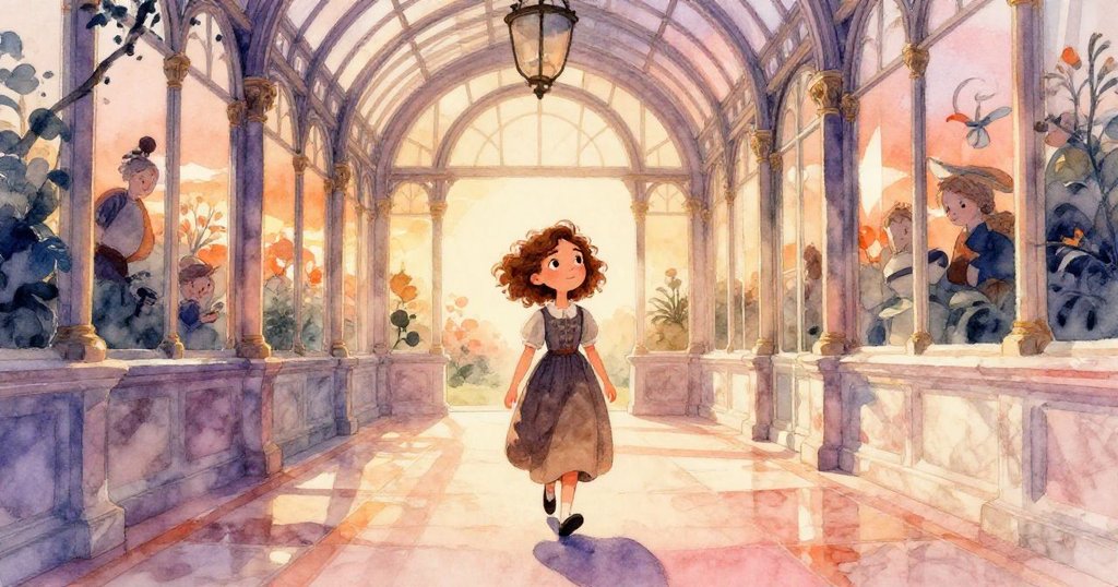 諾拉走進古老大理石走廊，腳步回聲伴隨著溫暖夕陽光線，神情專注中蘊含著探索未知的期待。