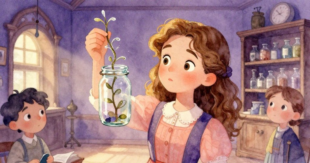 諾拉小心翼翼地平衡著玻璃瓶，瓶內藤蔓細長纏繞，她目光專注，背景展現溫馨歷史感。