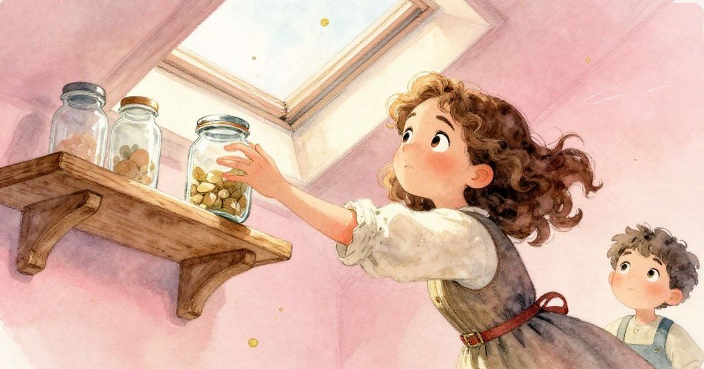 從低角度看，諾拉奮力調整搖晃玻璃瓶，臉上充滿決心與專注，背景呈現溫馨研究室氛圍。