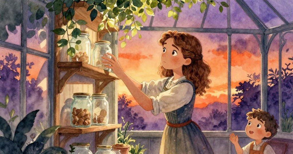 諾拉在柔和綠光中輕放玻璃瓶，光影交錯展現時間流逝與自然韻律，室內靜謐而溫暖。