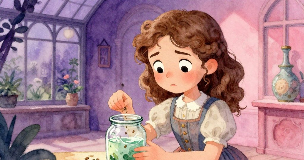 諾拉驚慌失措地抓取飛散的玻璃碎片與種子，神情焦急，背景展示研究室內突如其來的劇變。