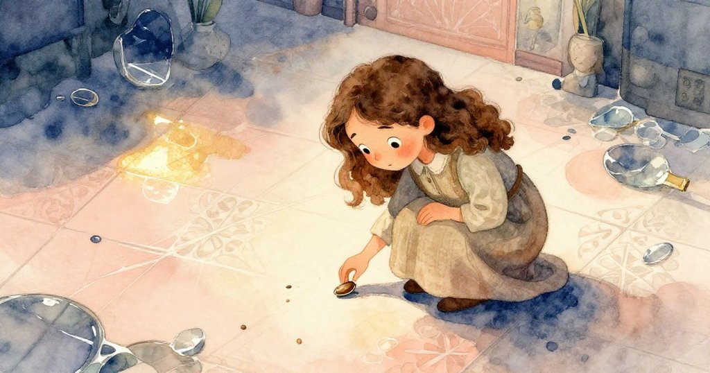 諾拉彎腰撿起一粒珍貴種子，動作輕柔中映出內心堅韌，背景呈現瓷磚細膩與散落殘片。