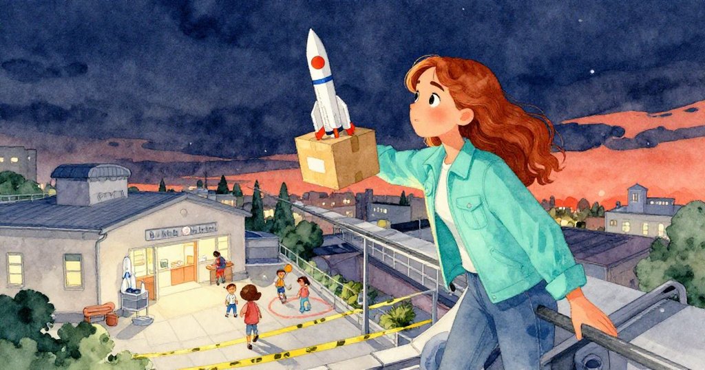 瑪麗娜攜帶火箭模型箱攀爬樓梯，夕陽餘暉照耀社區科學中心樓頂，展現期待與專注情緒。