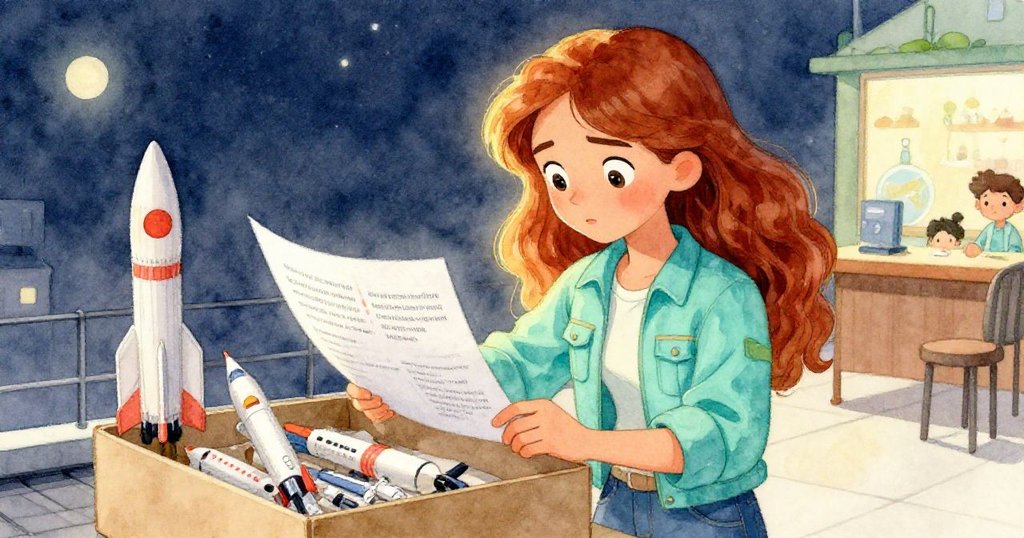 瑪麗娜細心檢查火箭模型及工具箱，微風吹動說明紙，充滿好奇與溫暖專注。